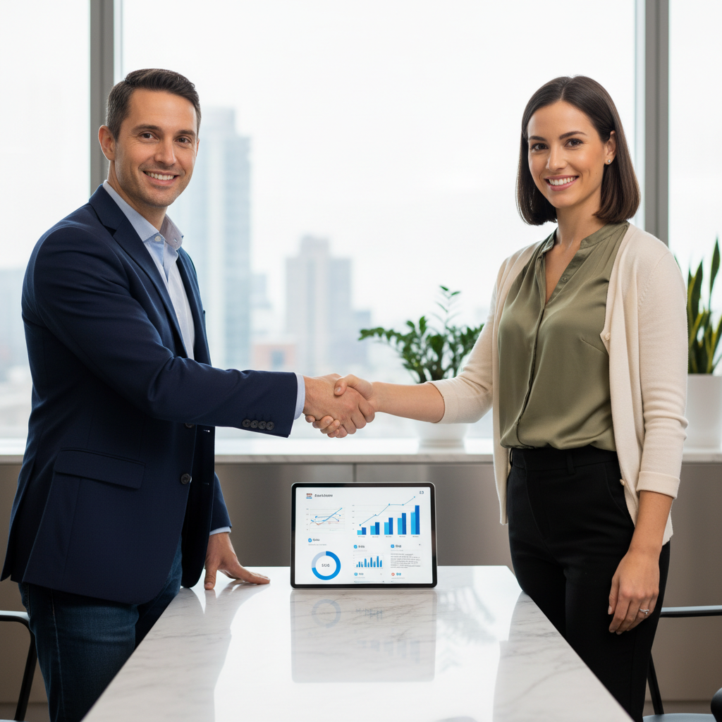 A brand manager and an influencer shaking hands, discussing content strategy on a tablet.