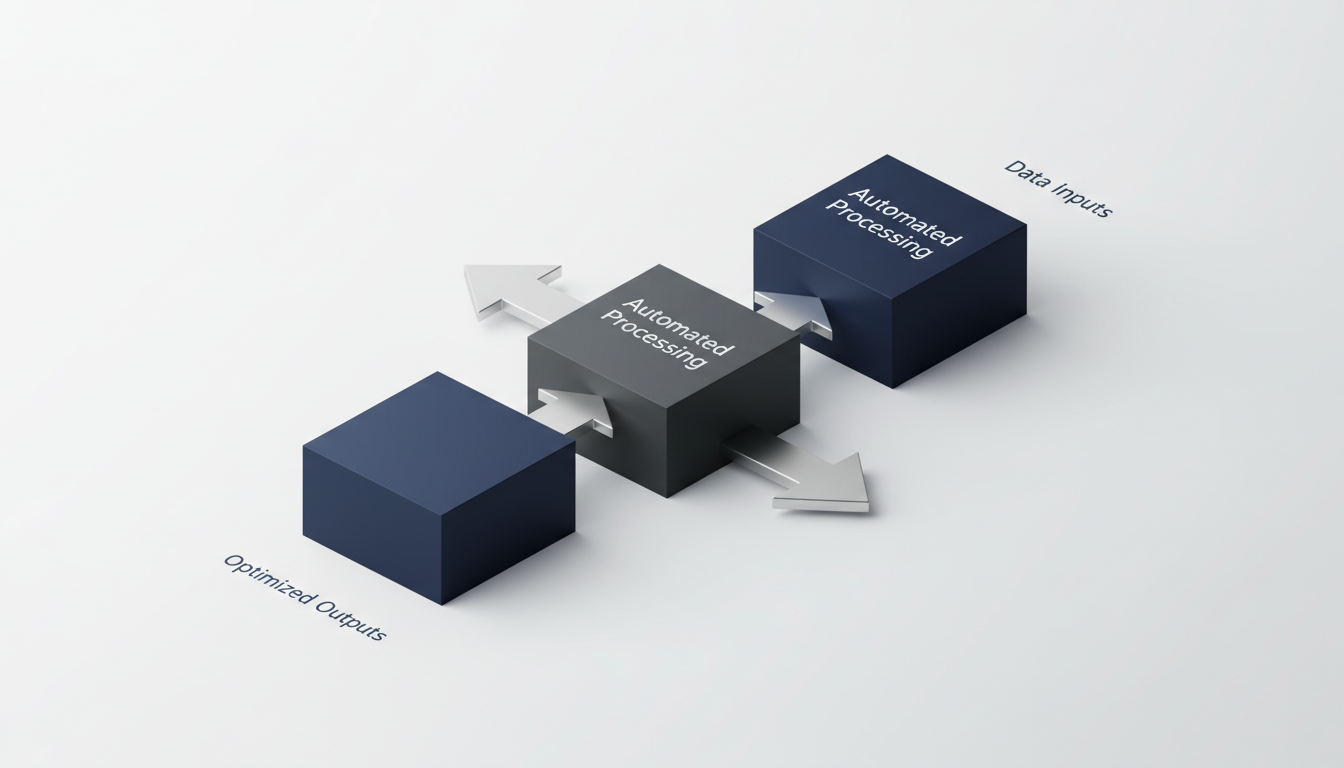 A clean, isometric vector infographic showing a streamlined operational workflow with interconnected navy and charcoal geometric shapes and silver arrows.