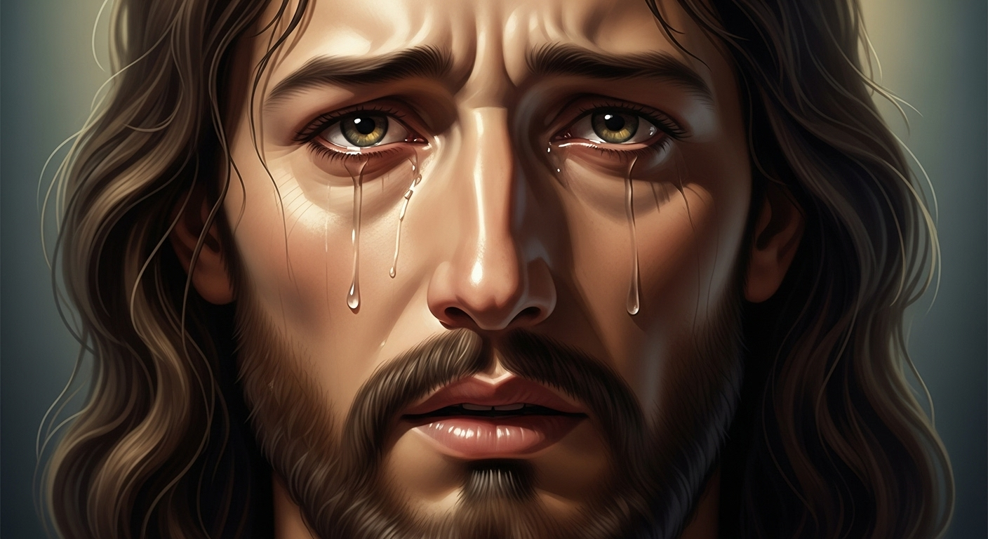 A close-up of Jesus's face, a single tear falling, conveying deep sorrow and compassion.