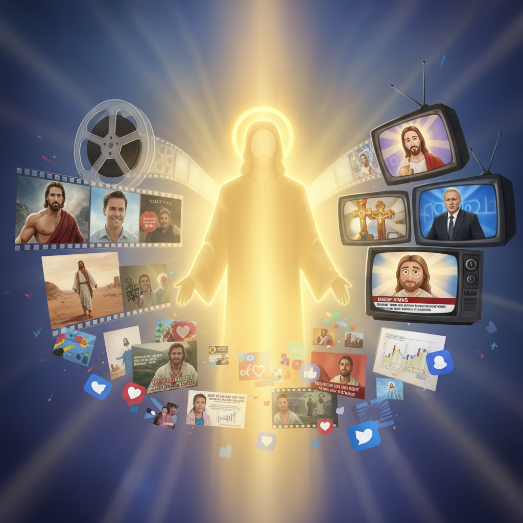 A collage of media elements (film, TV, social media) surrounding a central, glowing silhouette representing the true Jesus, illustrating diverse portrayals in media.