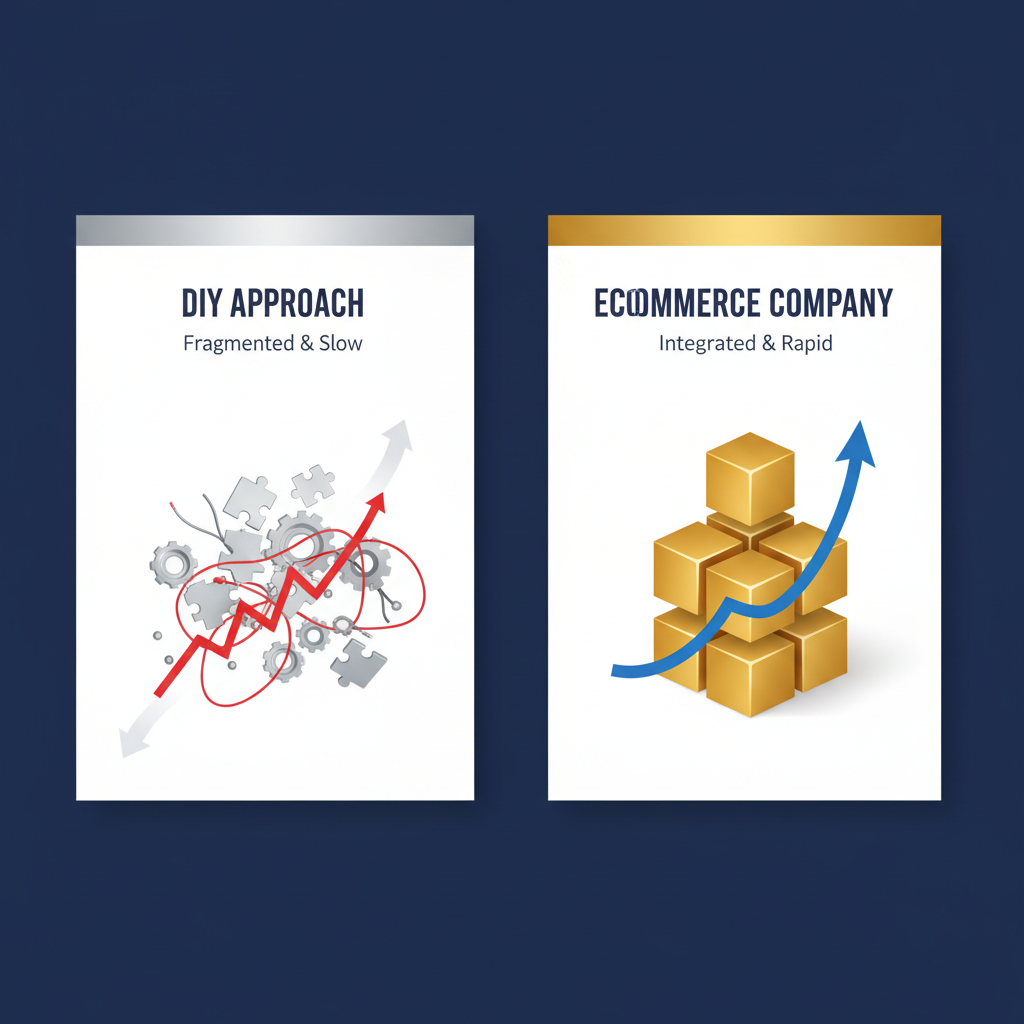 A comparative infographic highlighting the fragmented, complex path of DIY ecommerce development versus the streamlined, integrated solution offered by a professional development company, showing faster growth.