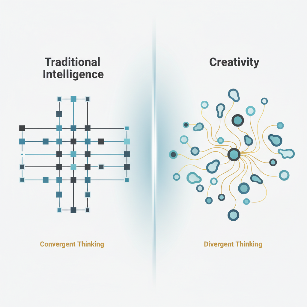 A conceptual infographic contrasting linear, structured traditional intelligence with branching, divergent creativity, showing a clear separation between them.