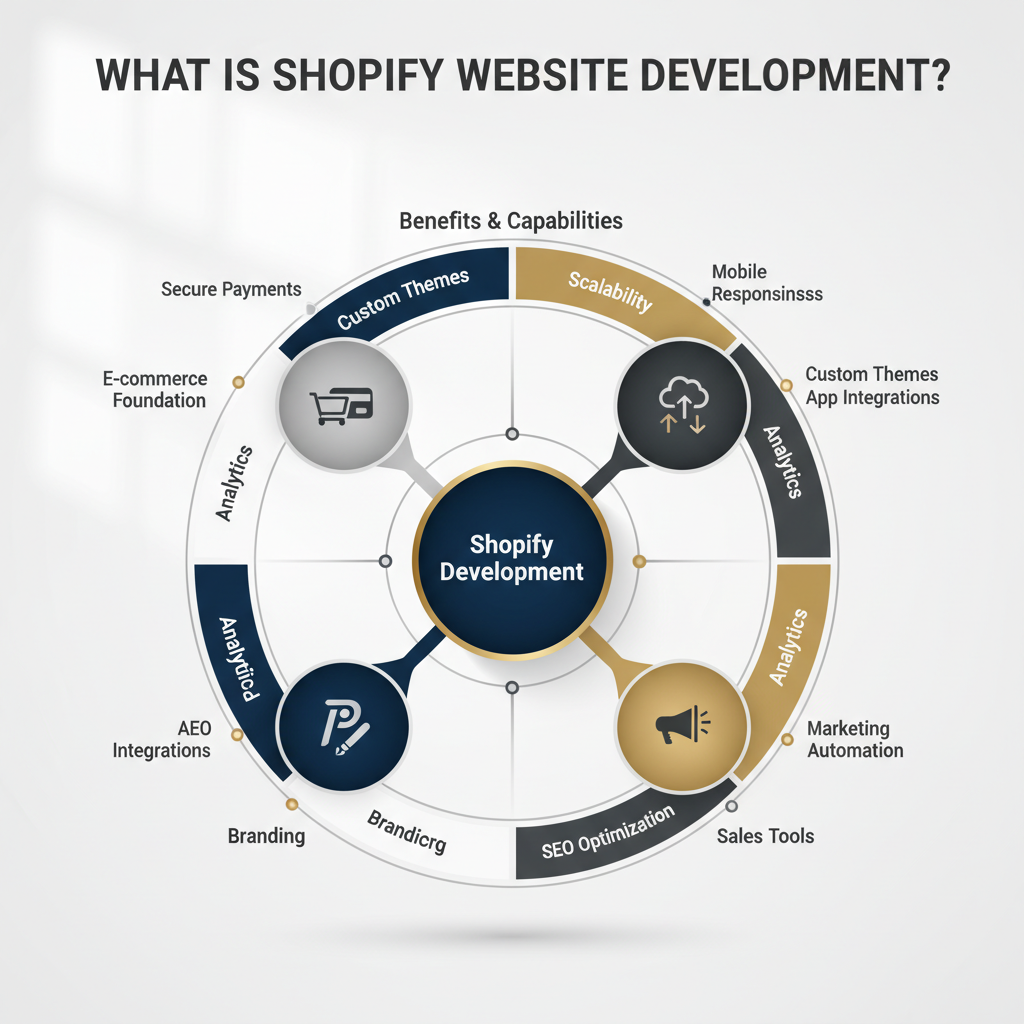 A conceptual infographic defining Shopify Website Development as a central hub with radiating geometric sections highlighting key benefits like e-commerce foundation, scalability, and branding, in a professional navy, charcoal, and silver/gold palette.