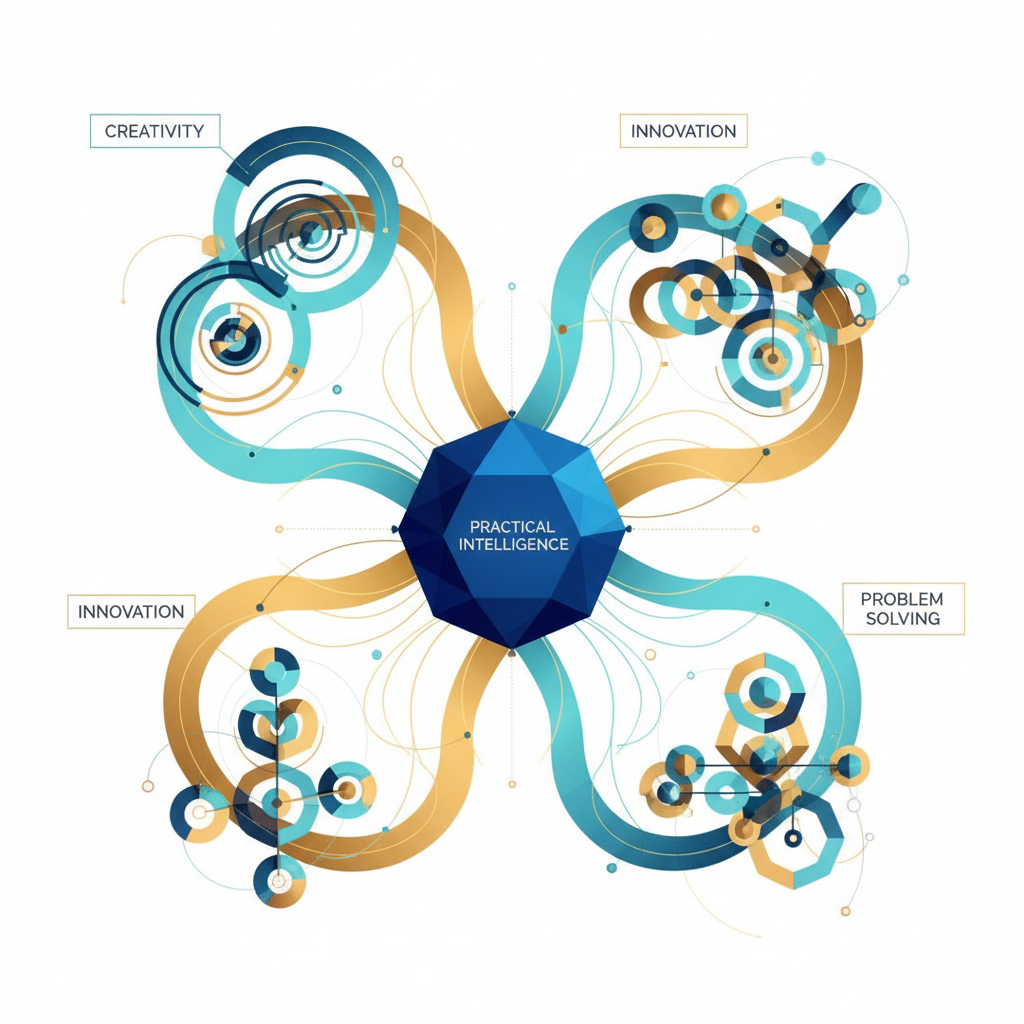 A conceptual infographic demonstrating how Practical Intelligence serves as a central hub, fueling and radiating into various aspects of creativity and innovation through branching pathways and idea clusters.