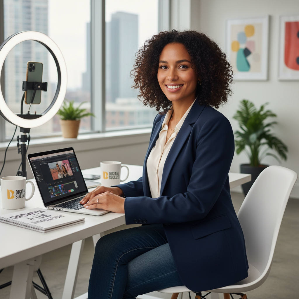 A confident young professional and influencer smiling in a modern workspace, symbolizing successful digital careers.