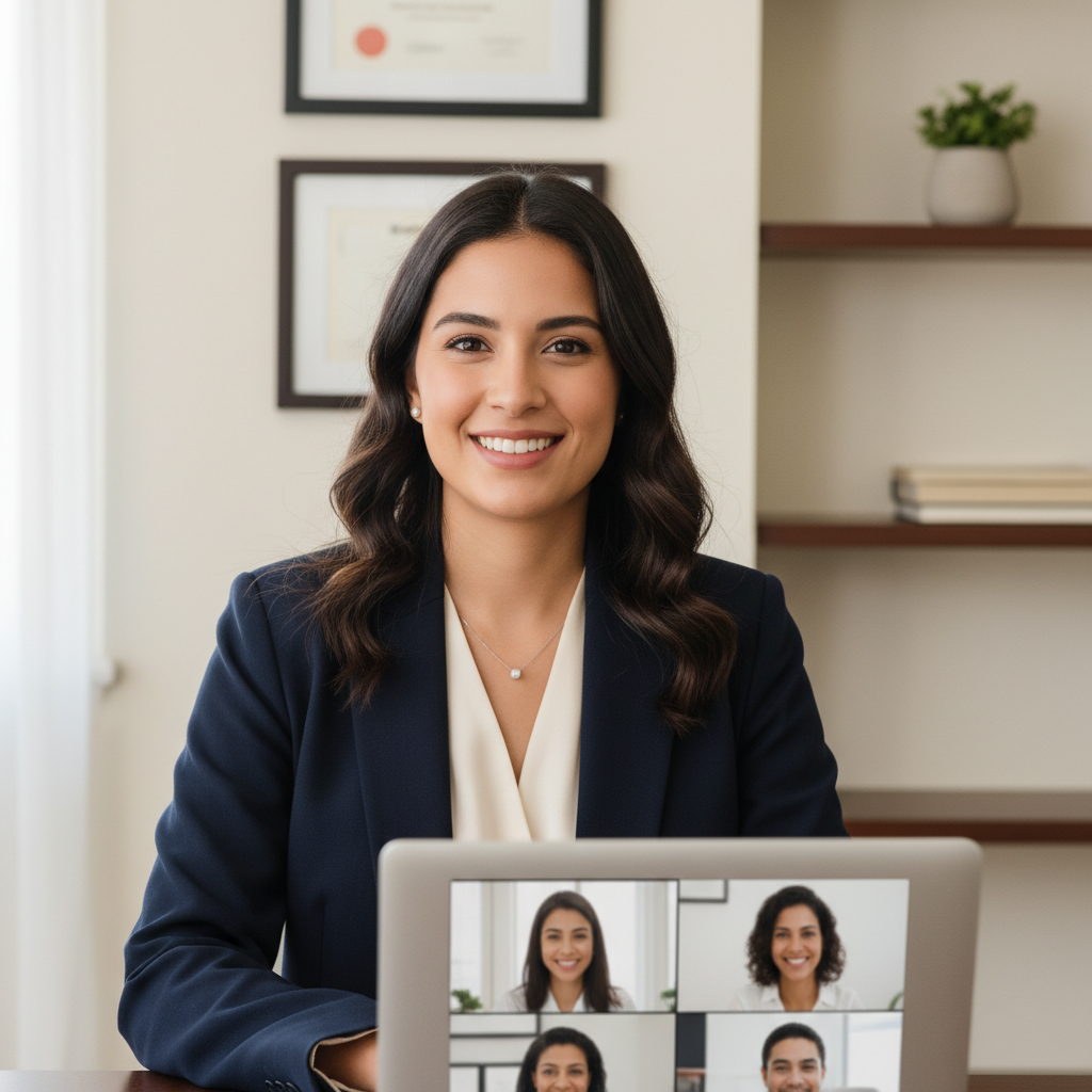 A confident young professional woman smiling during a successful virtual interview in her home office.