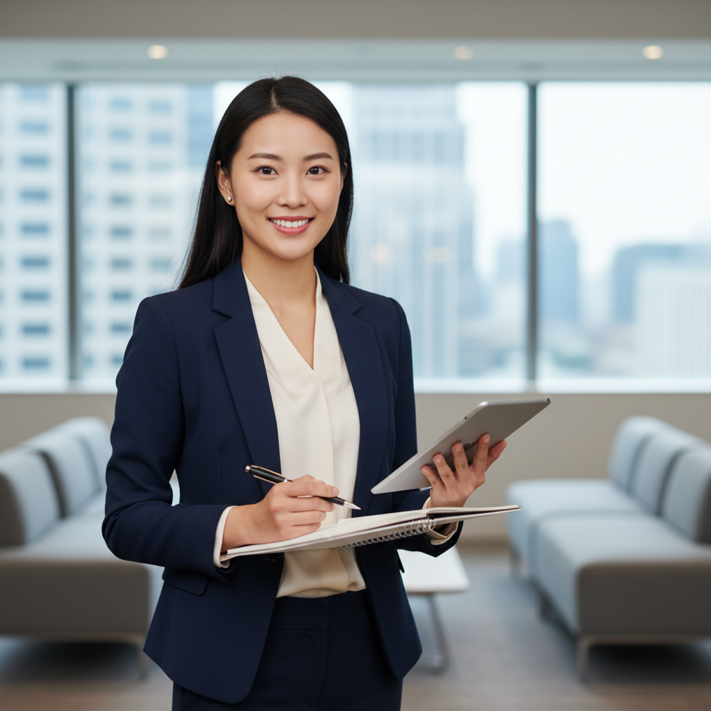 A confident young professional woman smiling in a modern office setting, holding a tablet.