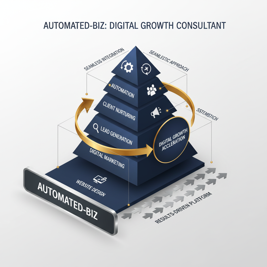 A detailed, interconnected infographic showcasing Automated-Biz's comprehensive digital growth platform, illustrating automated workflows for branding, website, marketing, lead generation, and client nurturing.
