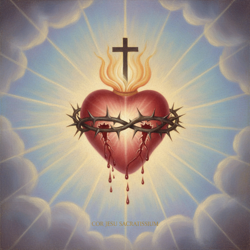 A devotional image of the Sacred Heart of Jesus, glowing with light and surrounded by thorns.