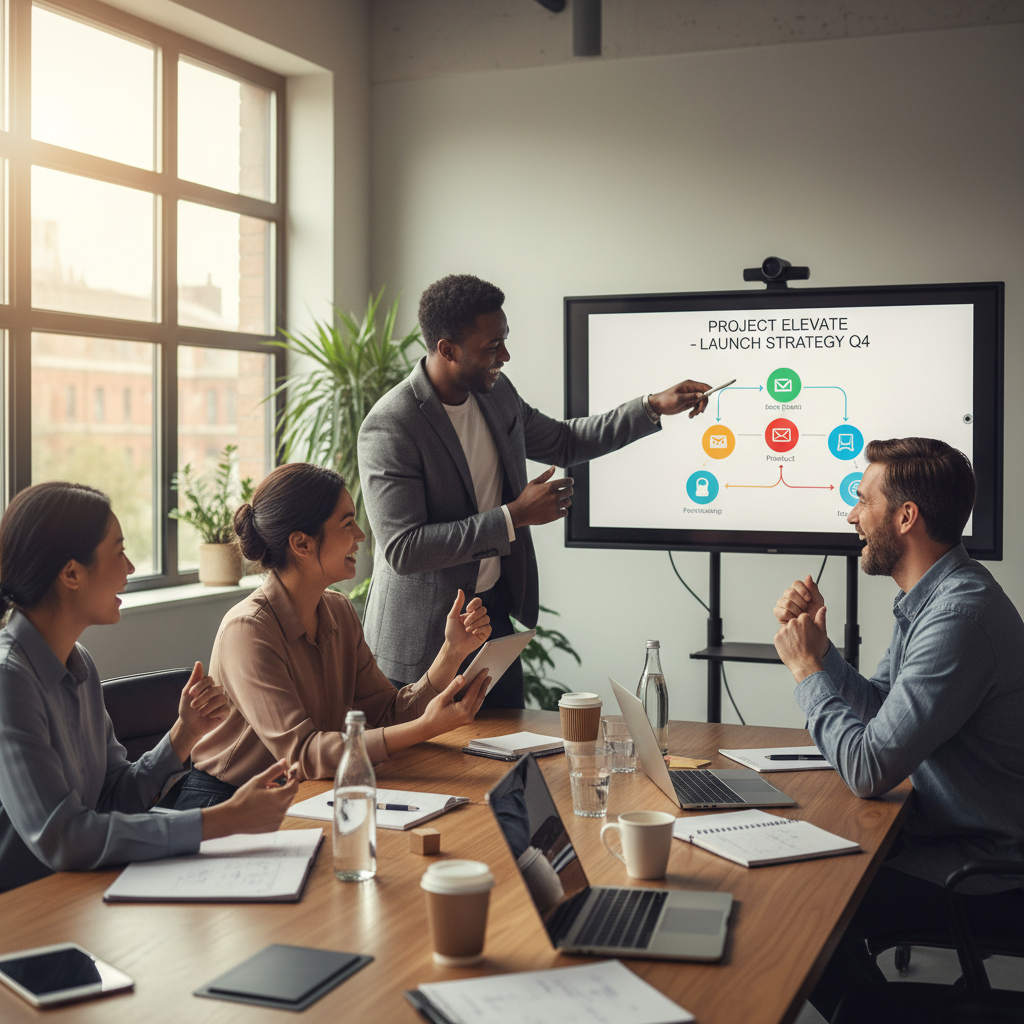 A diverse business team enthusiastically strategizing for an influencer campaign launch.