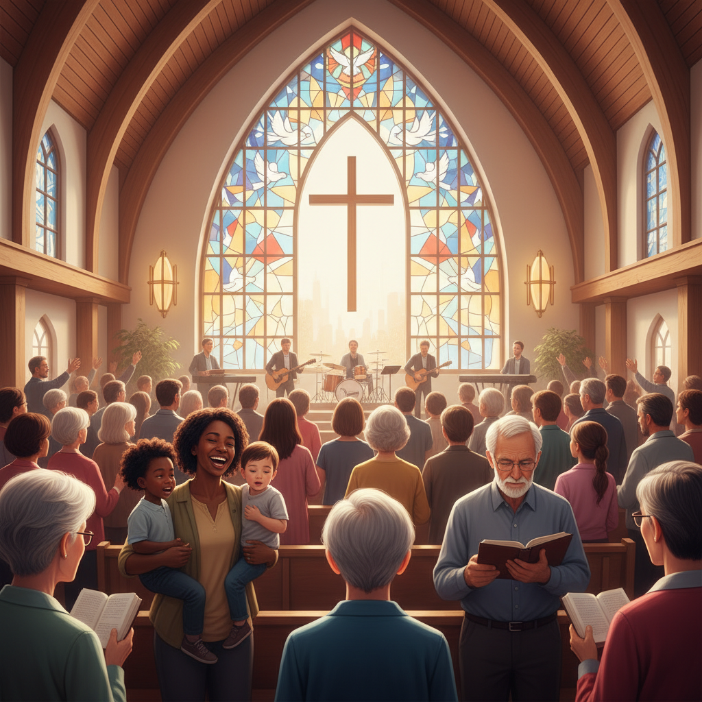 A diverse congregation worships together inside a bright, modern church.