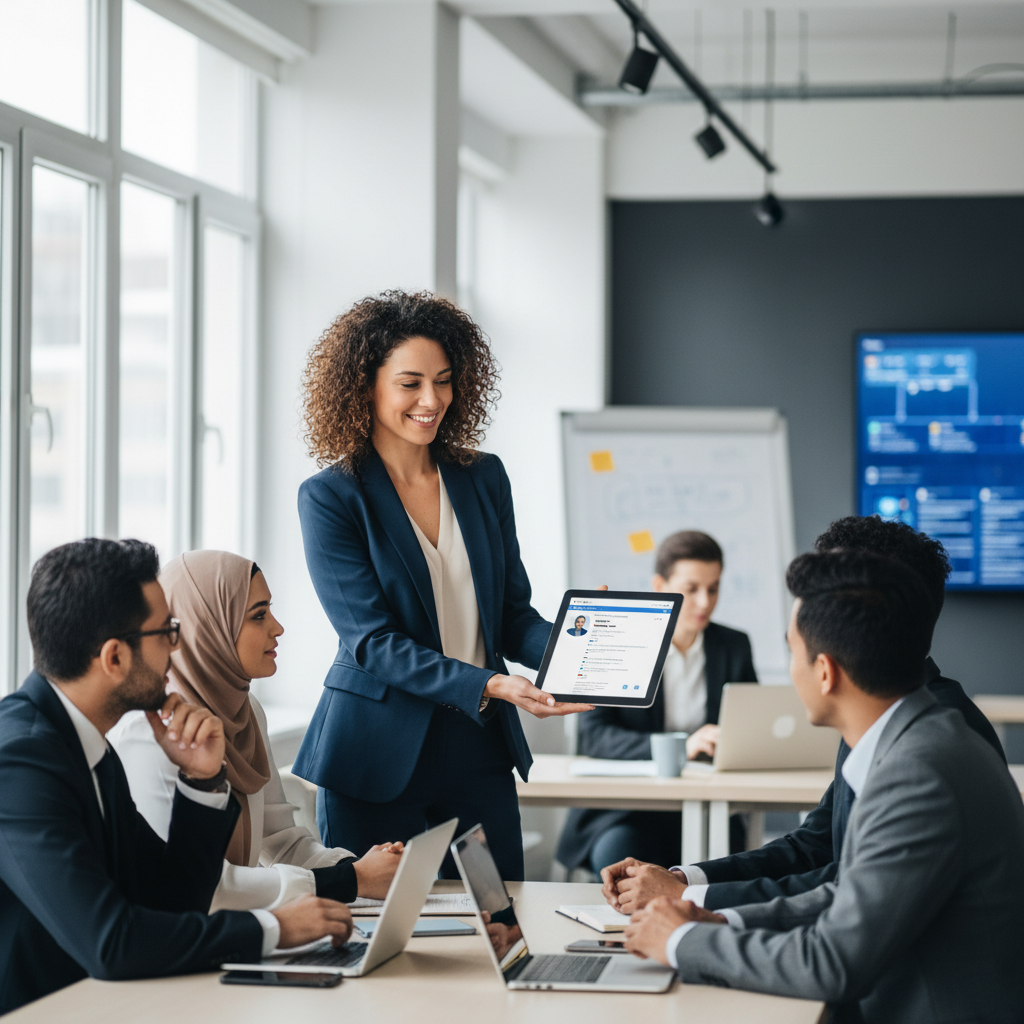 A diverse female professional confidently engaging with a group in a modern co-working space, representing community influence.