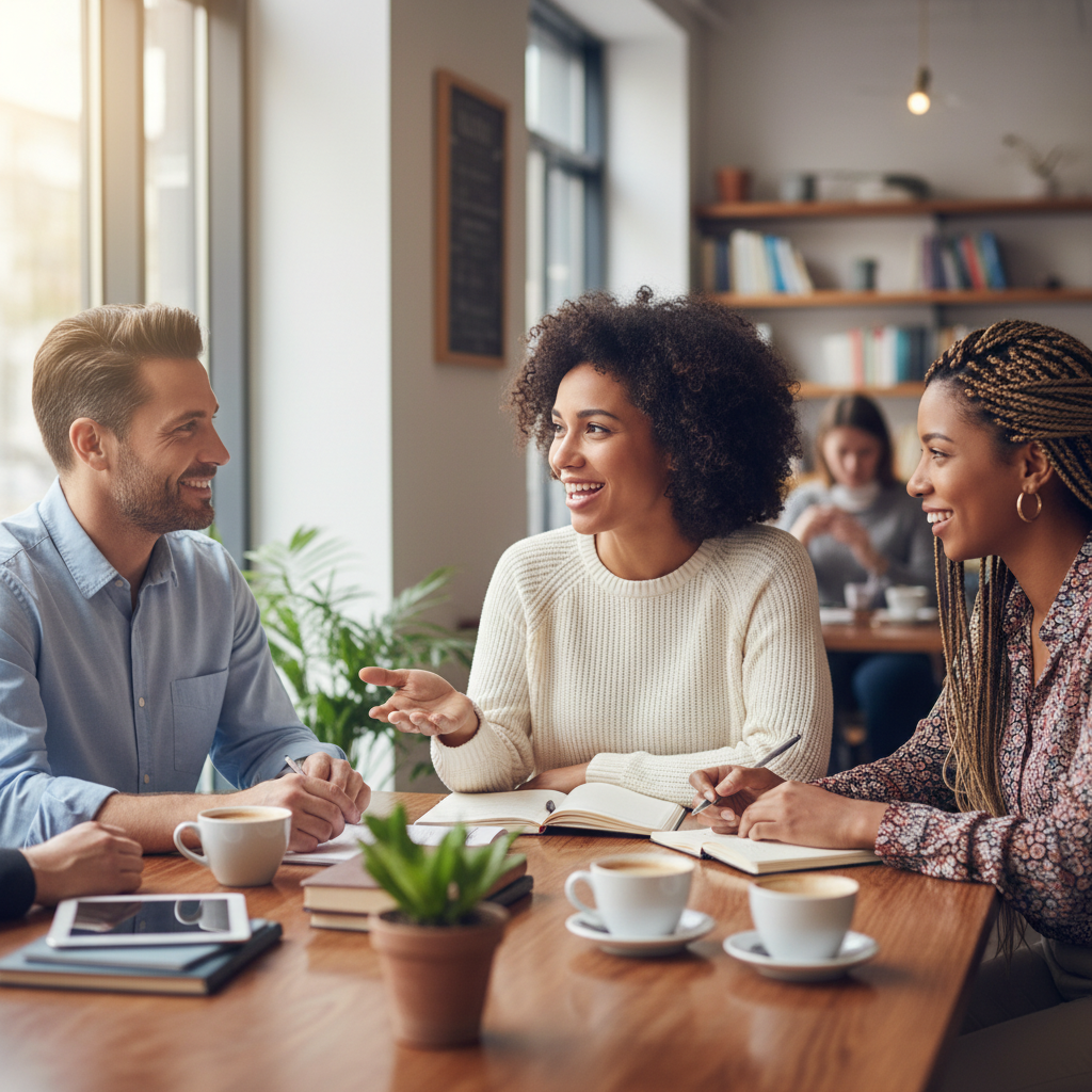 A diverse group of adults engaging in a supportive discussion, representing the application of spiritual growth in modern life.