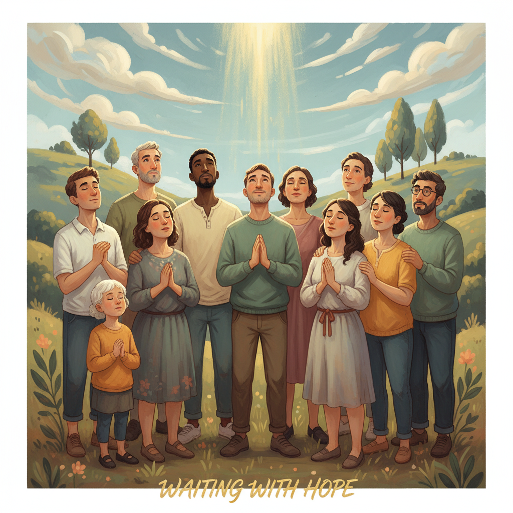 A diverse group of believers praying and supporting each other, looking up with hope, symbolizing faith and preparedness.