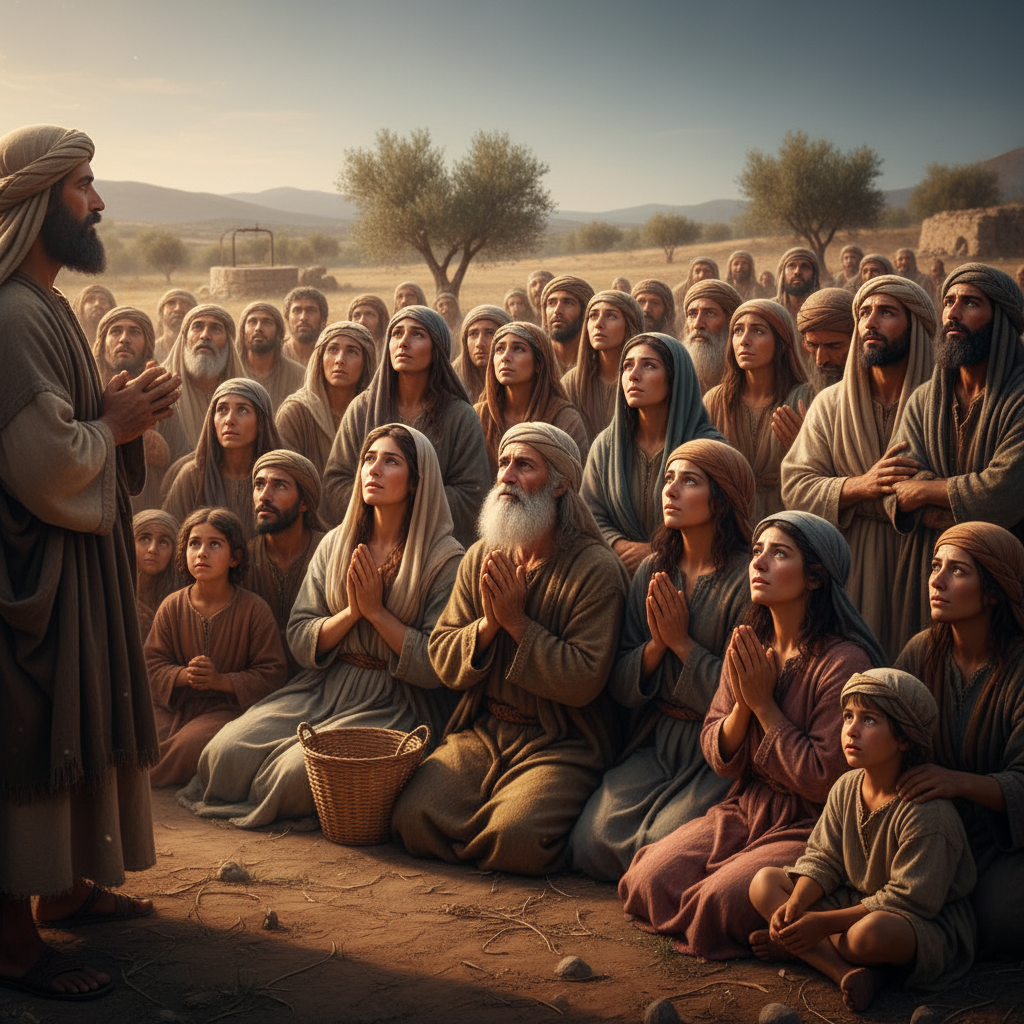 A diverse group of men and women with expressions of hope and spiritual awakening, listening intently to Jesus in an ancient Judean setting.