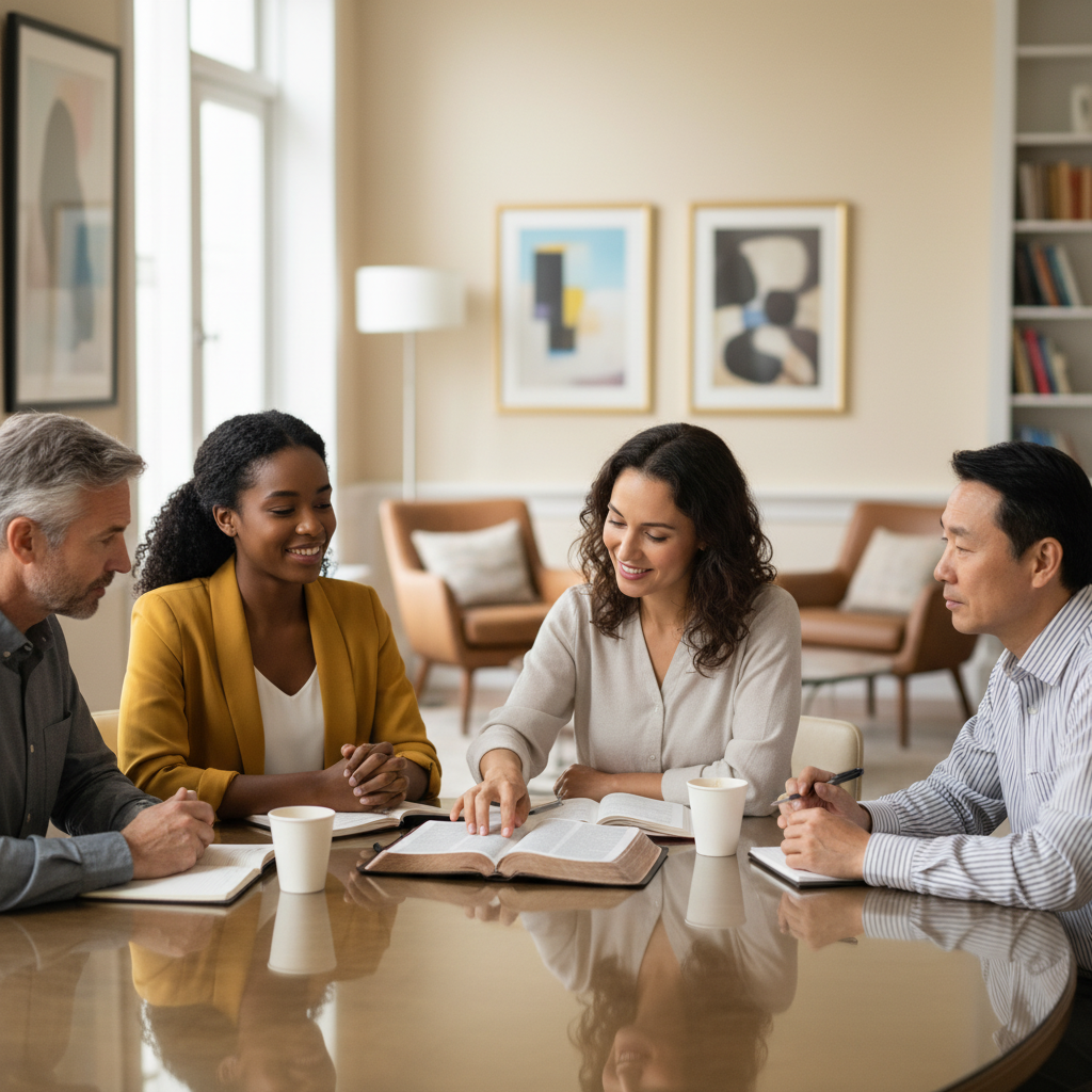 A diverse group of people engaged in a sincere discussion around a table with an open Bible, symbolizing community and faith.
