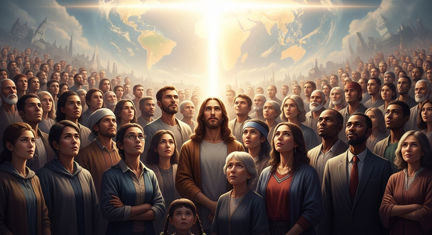A diverse group of people from around the world unified, looking towards a radiant light symbolizing Christ's universal salvation.