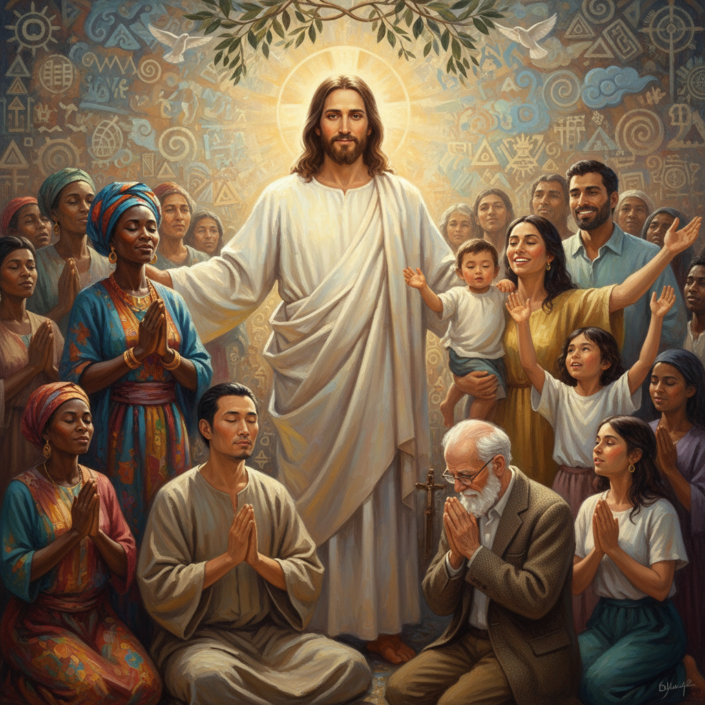 A diverse group of people from different cultures respectfully gathered around a radiating figure of Jesus, symbolizing His global presence and cultural interpretations.