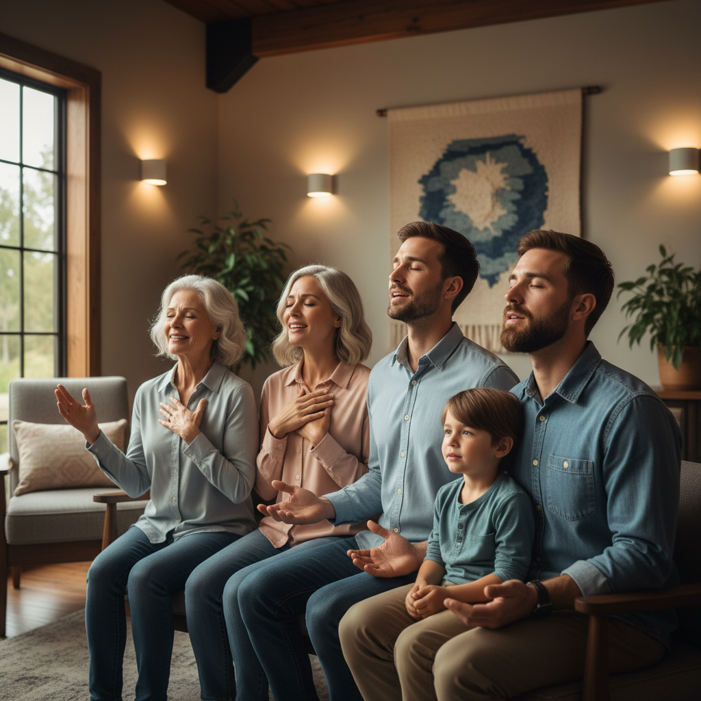 A diverse group of people in a moment of reverent worship and prayer.