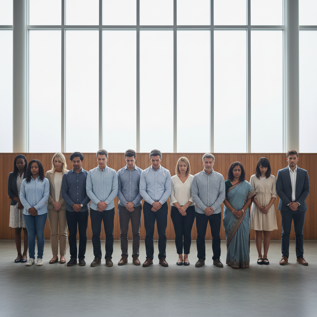 A diverse group of people standing with reverent expressions of faith and hope.