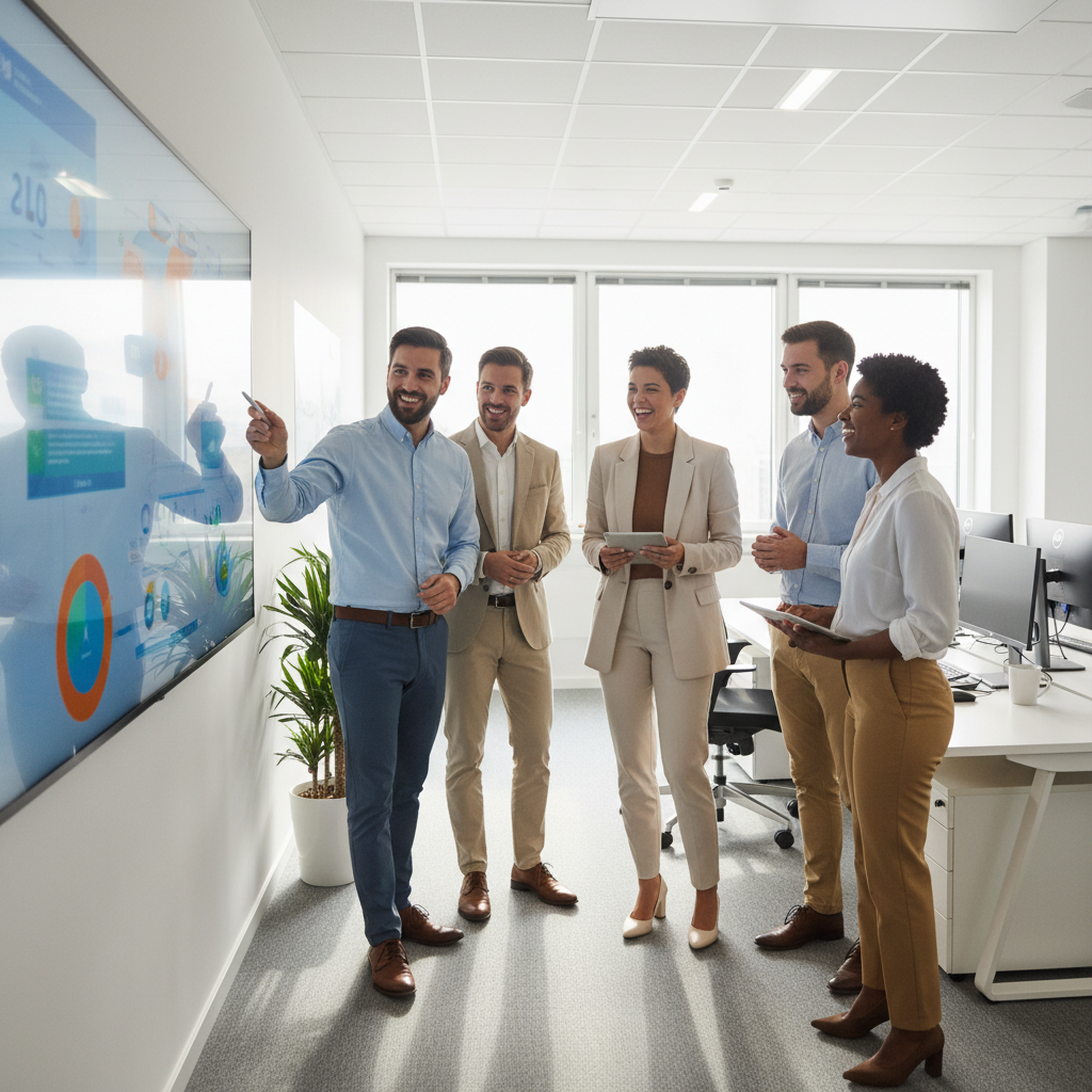 A diverse group of professionals collaborating in a bright, modern office space.