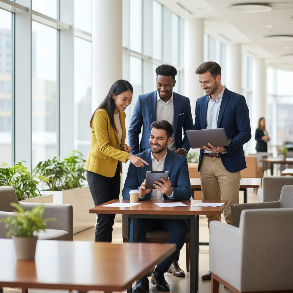 A diverse group of professionals in a modern office, smiling and collaborating with digital devices, representing successful influencer careers.