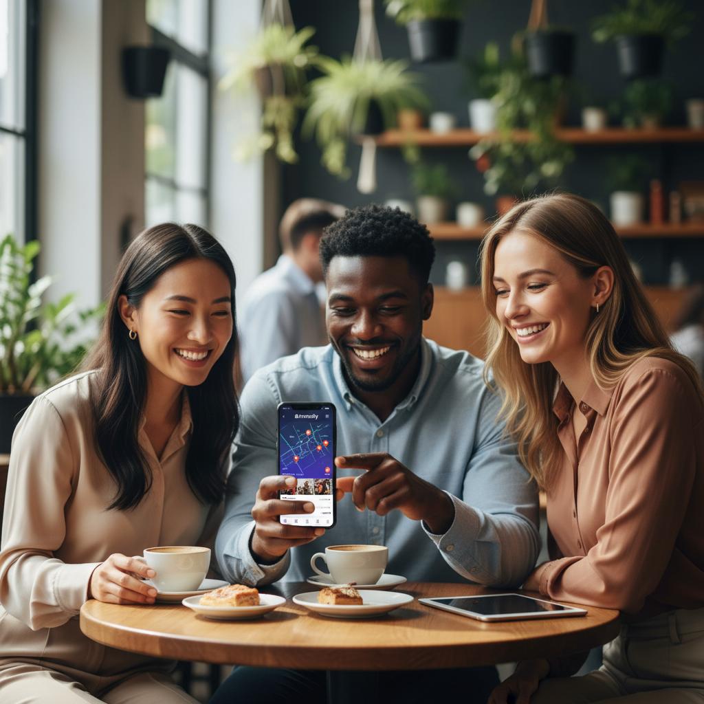 A diverse group of professionals interacting with the Atmosfy app on a smartphone in a cafe.