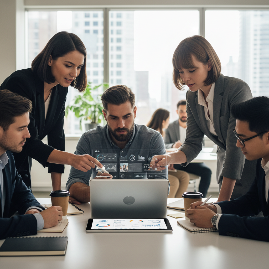 A diverse group of professionals strategizing about nano influencer marketing and digital collaboration in a modern office.