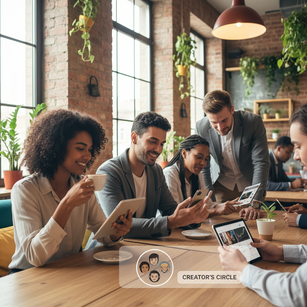 A diverse group of young professionals in a modern setting, authentically engaging with their mobile devices, symbolizing the booming nano-influencer economy.