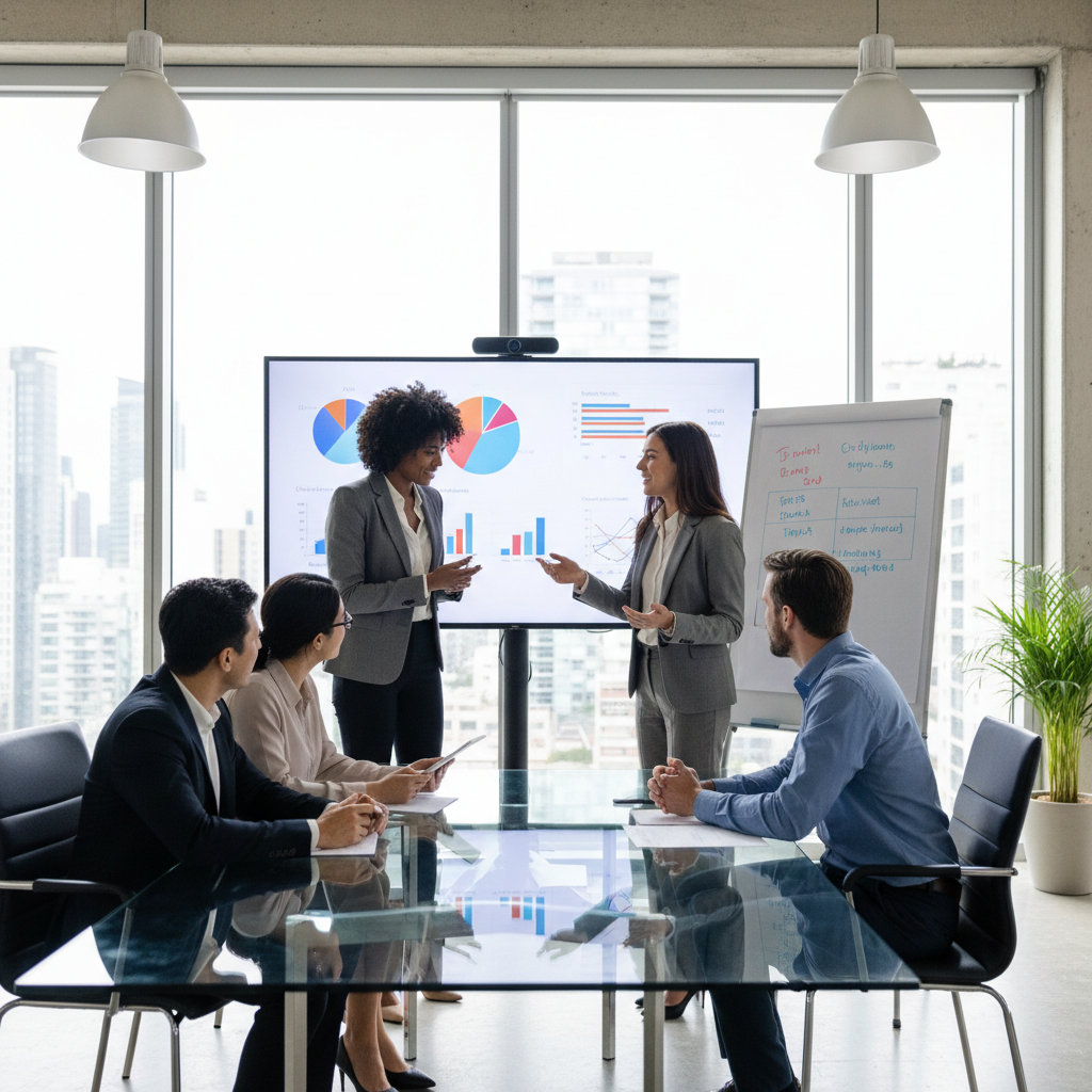 A diverse team of marketing professionals brainstorming and discussing sales strategies in a modern office.