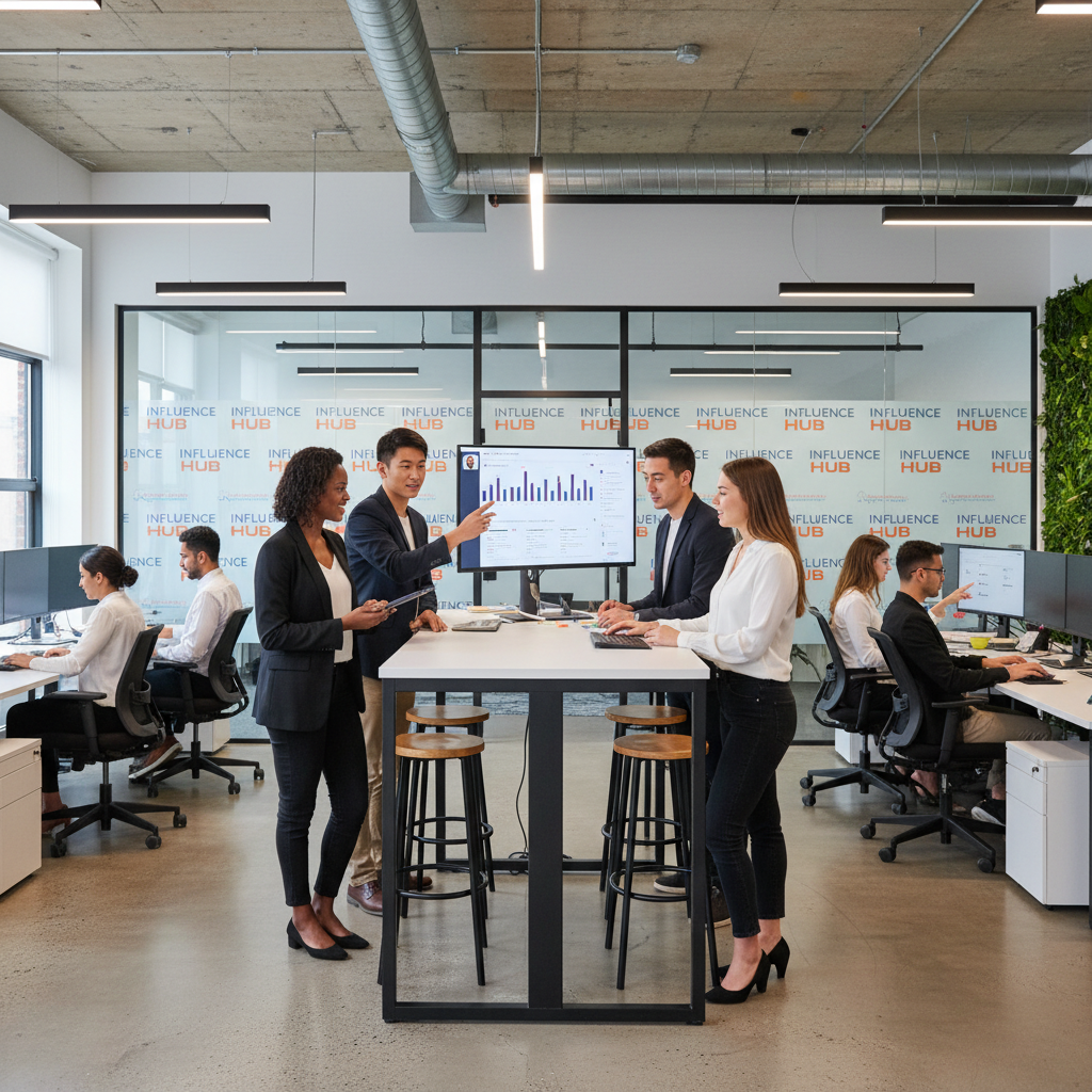 A diverse team of marketing professionals collaborating in a modern, open-plan agency office.