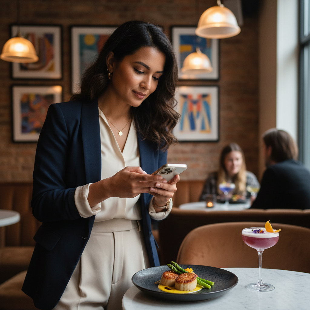 A female influencer using her smartphone to capture content in a trendy restaurant.