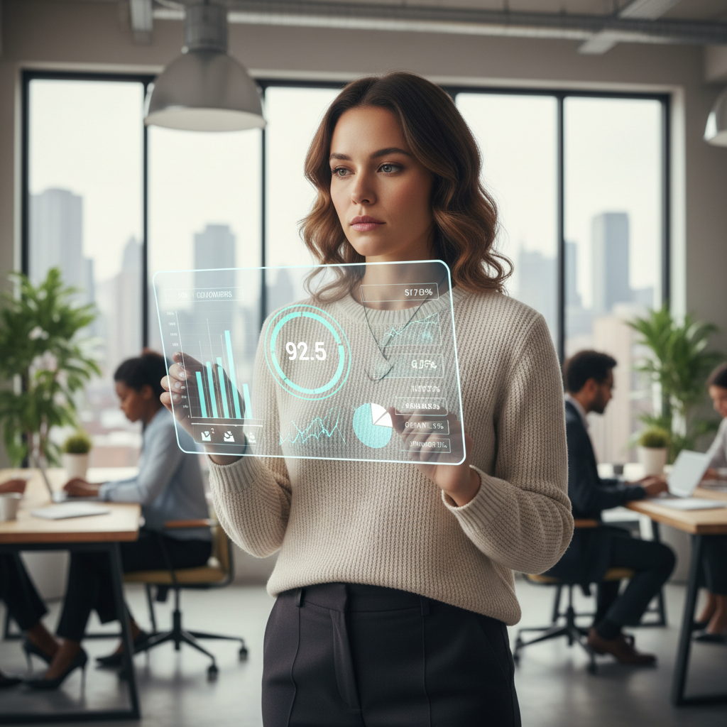 A female marketing professional analyzes a digital dashboard displaying social media analytics and an influence score.