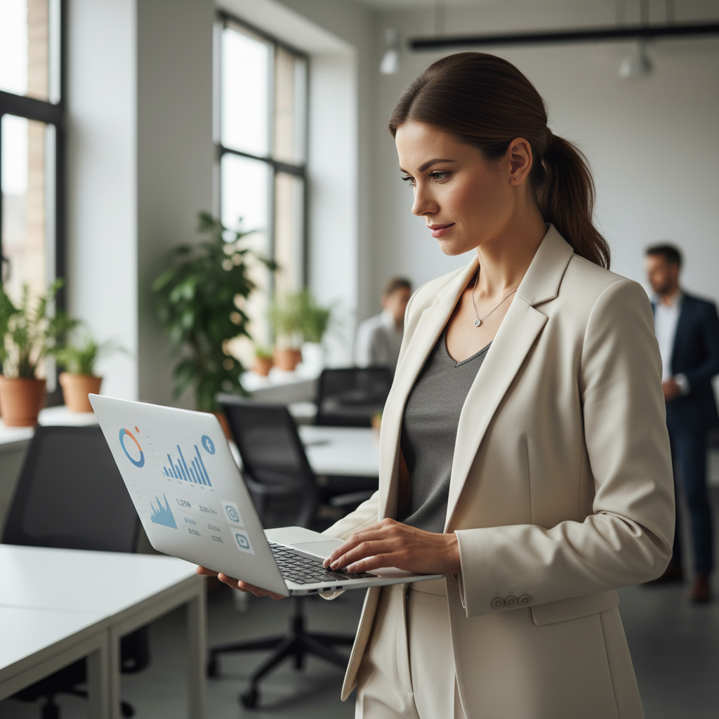 A female marketing professional analyzing influencer data on a laptop in a modern office setting.