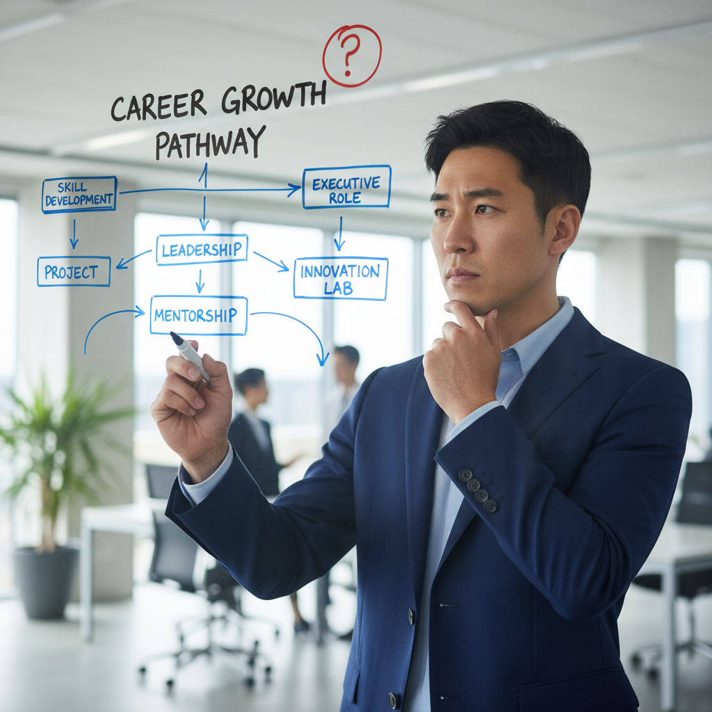 A focused young man in an office looking at a career path diagram on a whiteboard, symbolizing professional growth.
