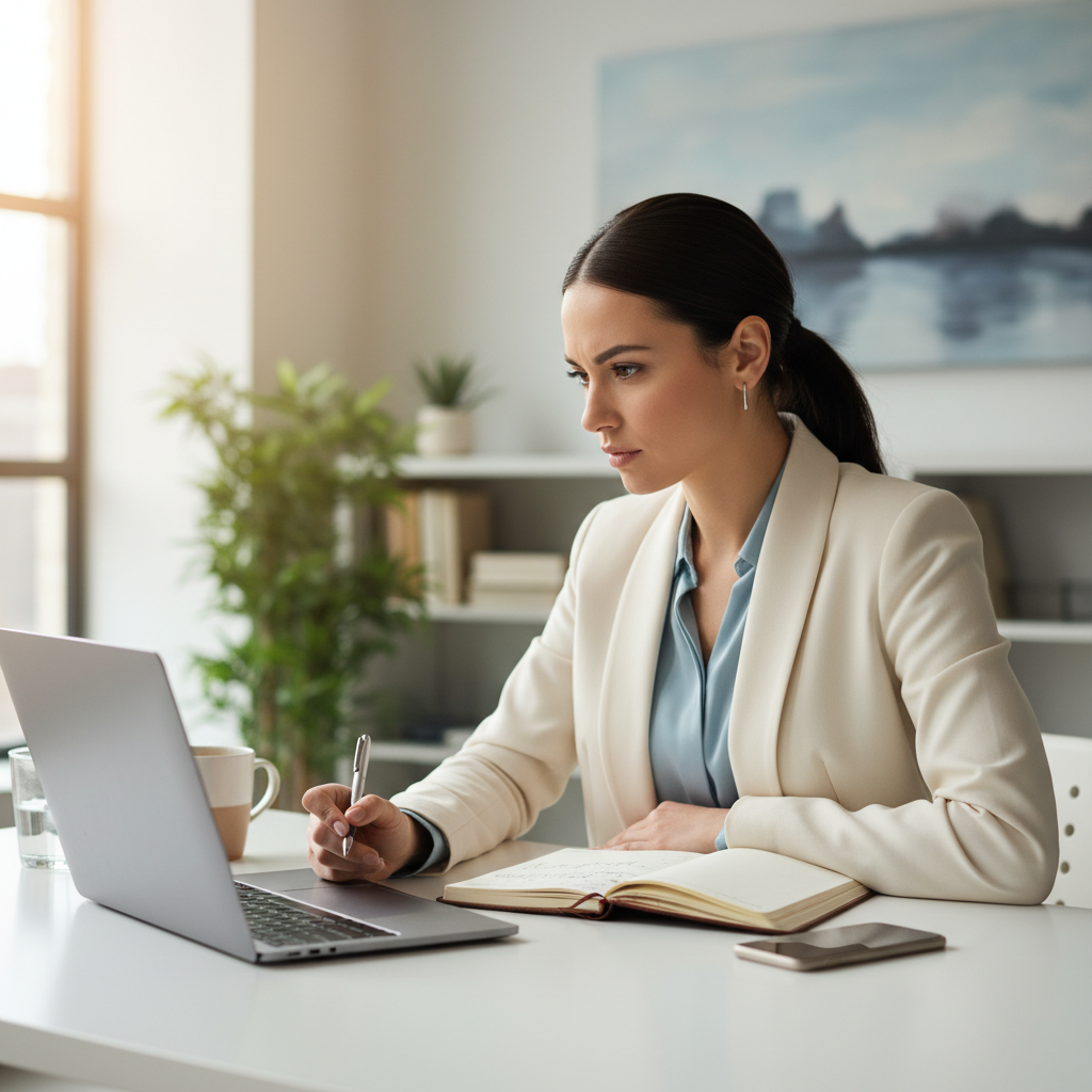A focused young professional woman working at her desk with a laptop and notebook, preparing her content strategy.