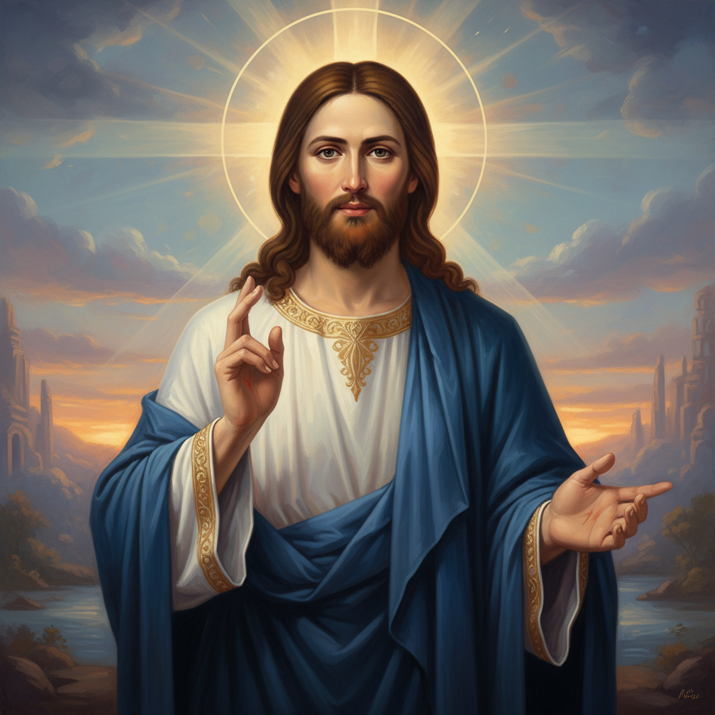 A gentle and luminous image of Jesus Christ, with a serene and compassionate expression, radiating warm, divine light.