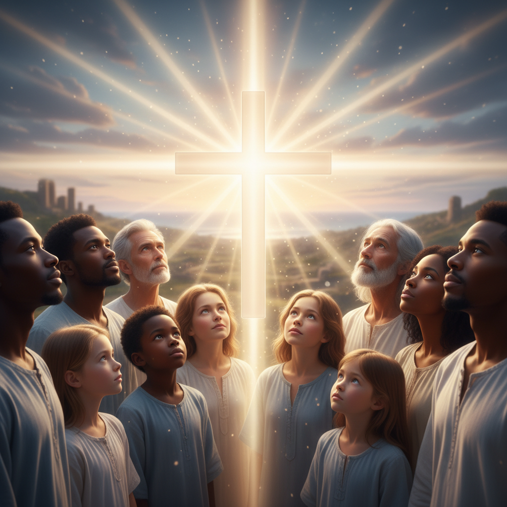 A glowing cross radiates light over a diverse group of people focused on it, symbolizing Christ as central.