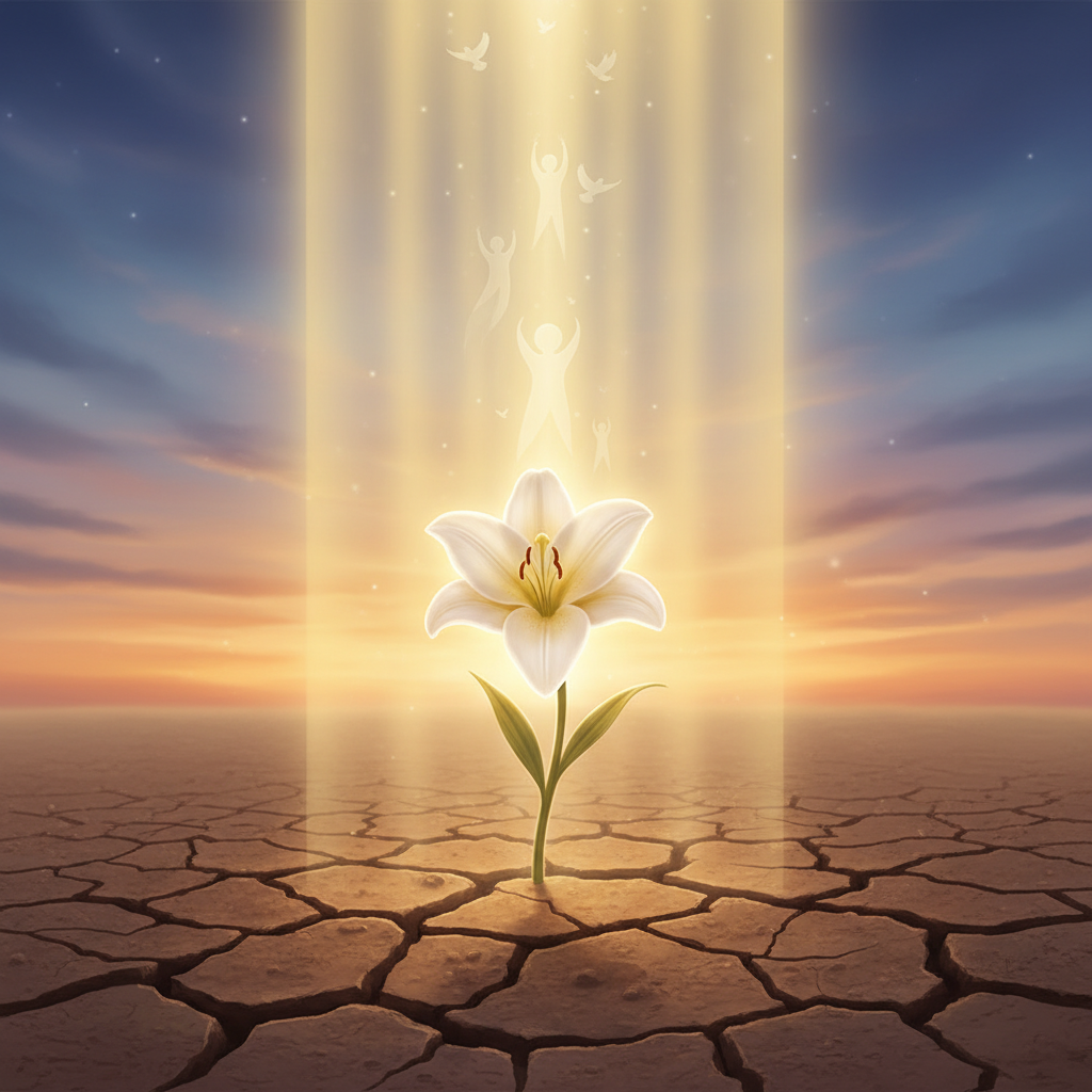 A glowing white lily blooming from cracked earth, bathed in golden light, symbolizing resurrection and eternal life.