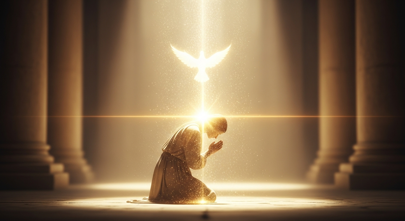A golden light representing divine anointing descends upon a kneeling figure, symbolizing consecration by the Holy Spirit.