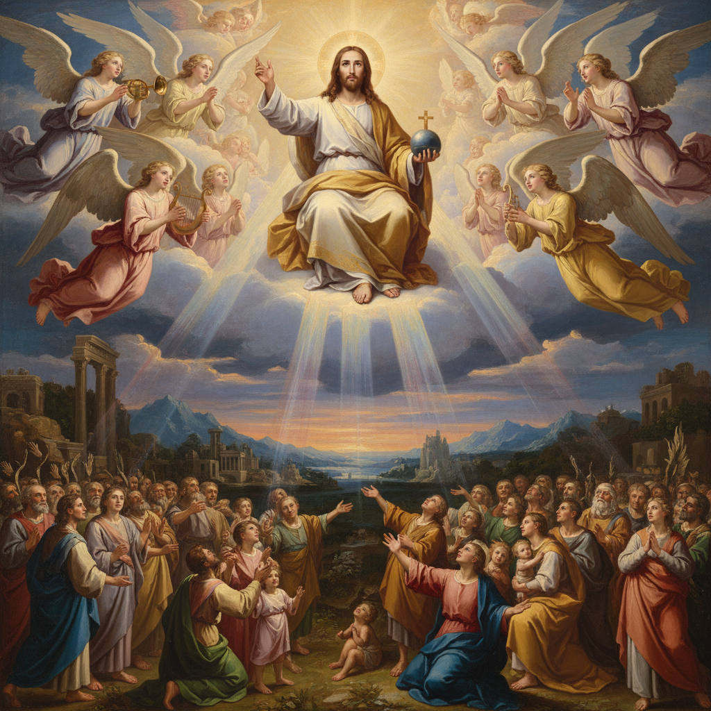 A grand depiction of Jesus Christ descending from the heavens on a radiant cloud, surrounded by angels, as people on earth look up in wonder, symbolizing His glorious second coming.