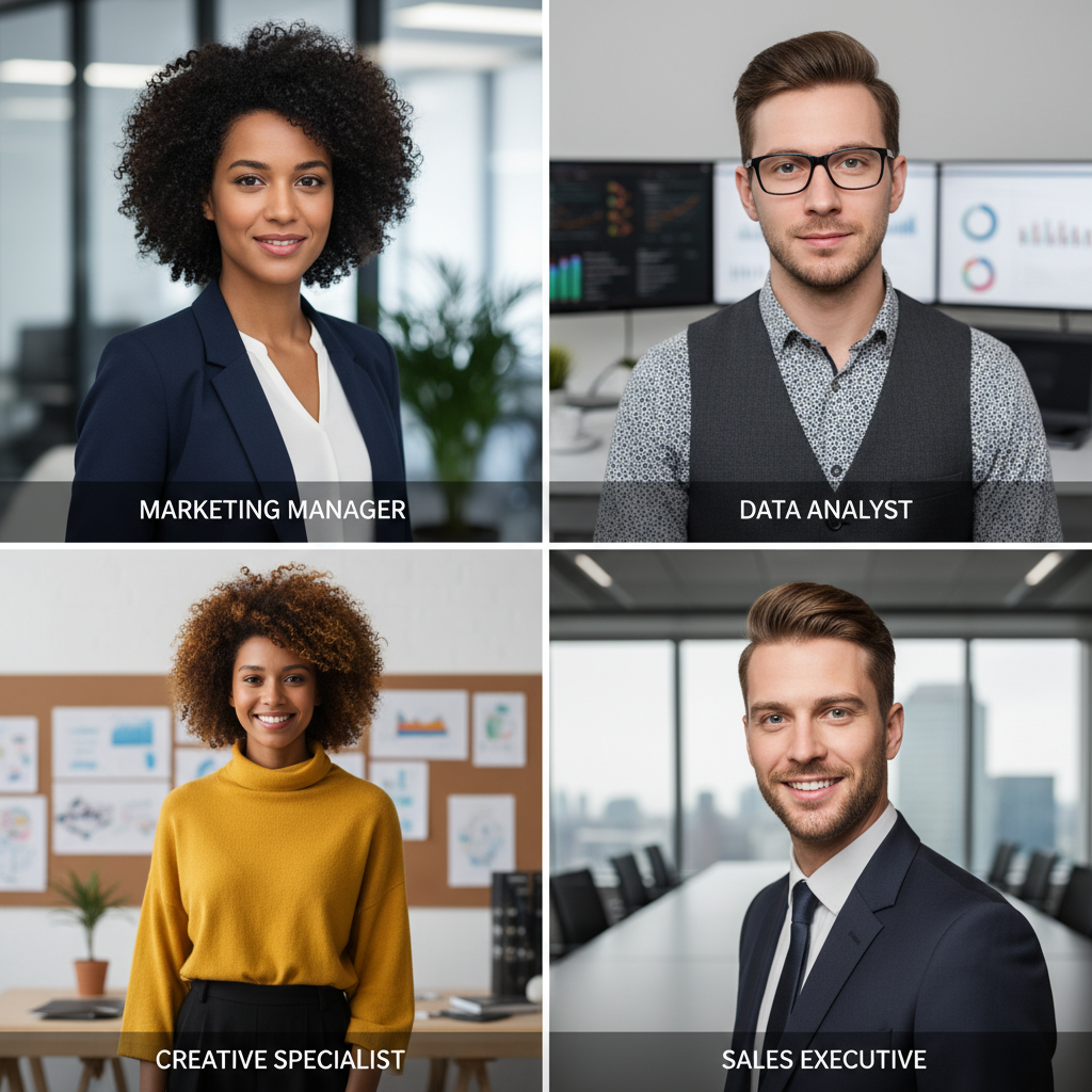 A grid of four diverse professionals, each representing a different career role in a corporate setting.