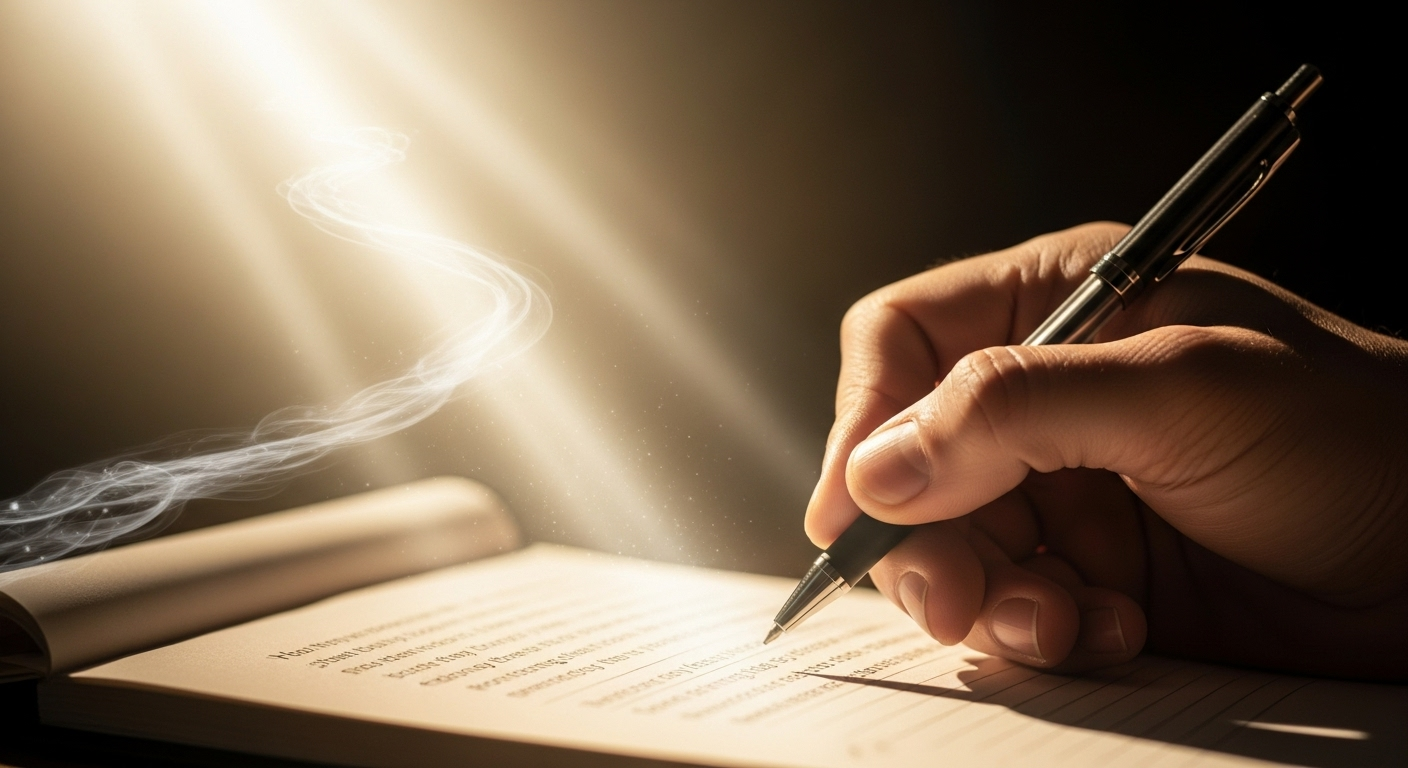 A hand writing song lyrics in a notebook, illuminated by a soft, golden light, symbolizing divine inspiration.