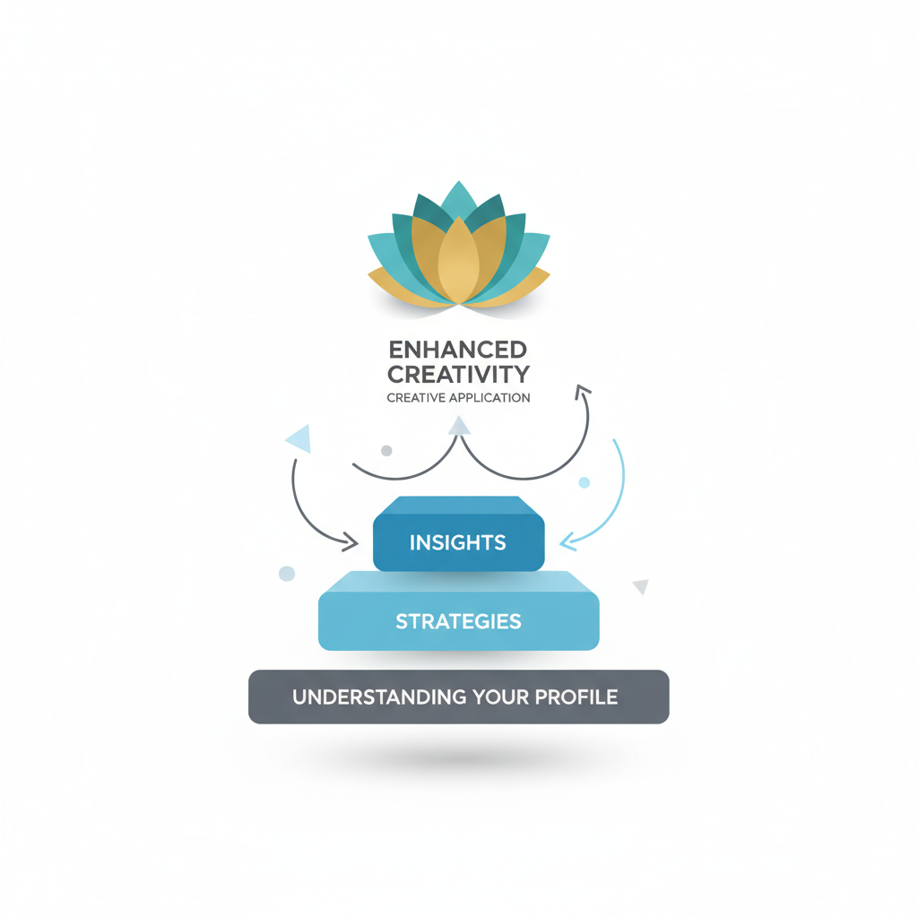 A layered infographic showing a pathway of creative growth, starting from 'Understanding Your Profile' and ascending through 'Insights' and 'Strategies' to culminate in 'Enhanced Creativity', using geometric shapes and directional arrows.