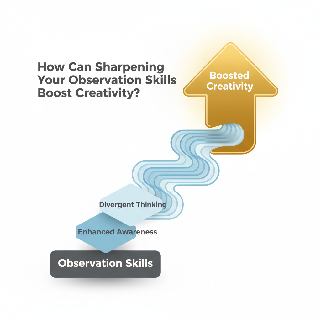 A layered infographic showing a progression from 'Observation Skills' through 'Enhanced Awareness' and 'Divergent Thinking' to 'Boosted Creativity,' using interconnected geometric shapes.