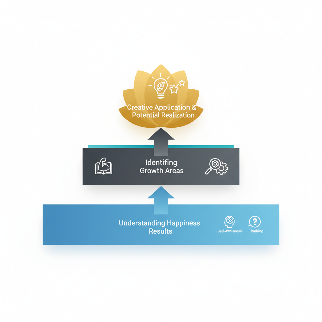 A layered infographic showing a progression from understanding happiness test results to identifying growth areas and finally to creative application and potential realization.