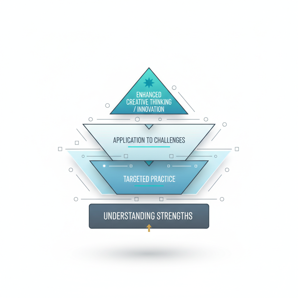 A layered infographic showing a progression of personal growth, starting from understanding strengths, moving through practice and application, to enhanced creative thinking, using connected geometric shapes.