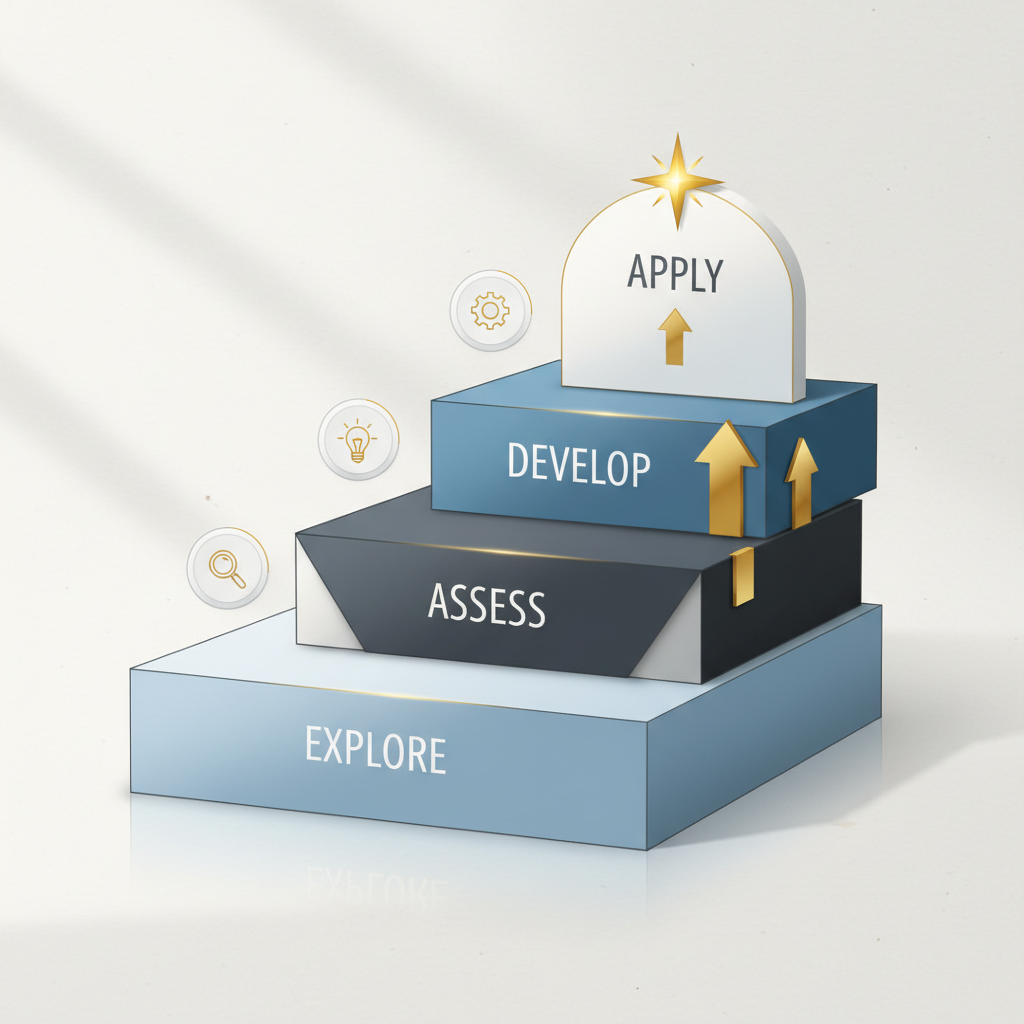 A layered infographic showing an upward progression of steps or stages for discovering and developing creative strengths, using abstract geometric shapes.