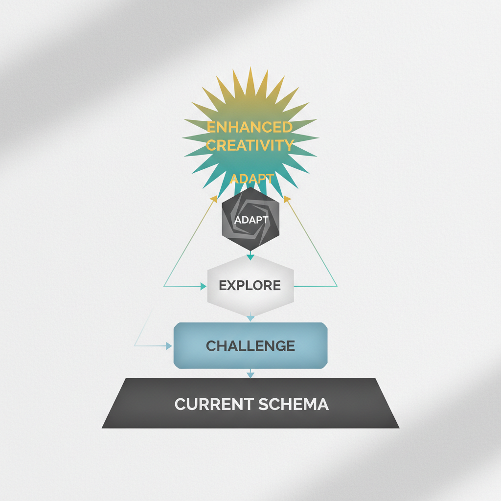 A layered, step-by-step infographic showing the progression from a 'Current Schema' to 'Enhanced Creativity' through stages of challenging, exploring, and adapting, using minimalist geometric shapes.