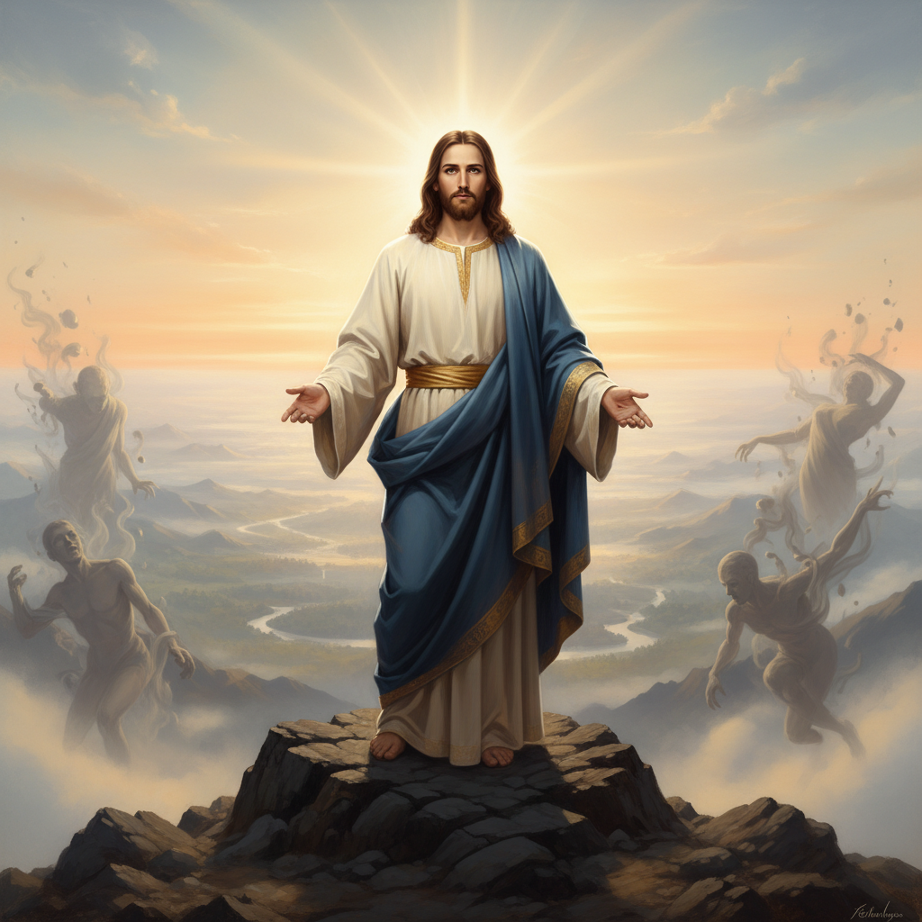 A luminous figure of Jesus stands on a mountaintop at dawn, radiating peace and truth, while shadowy, distorted figures fade in the background, symbolizing the One True Jesus amidst misconceptions.